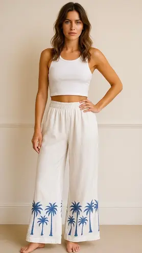 Calypso St. Barth White Linen Pants Blue Palm Tree Print Coastal Resort Wear