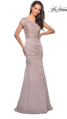 La Femme  Evening Dress Women's Plus 18 Champagne Embroidered Bodice Satin NWT