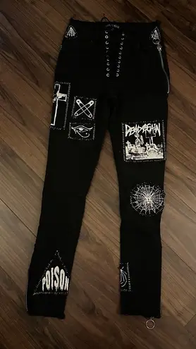 Current Mood Dolls Kill Stitch Lace-Up Patchwork Jeans black stretch denim s