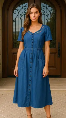 Erika Vintage Denim Maxi Dress Floral Embroidery Cottagecore V Neck Prairie Boho