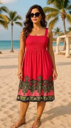 ACE Fashion Boho Paisley Bright Pink Print Sundress Sleeveless Smocked Size XXL