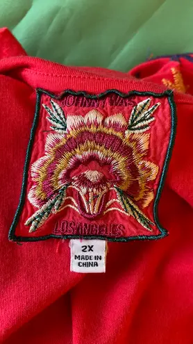 Johnny Was Rose Red Graphic Embroidered Cap Sleeve Tee size 2X