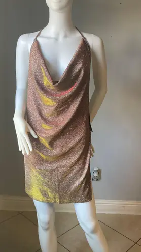 SheIn Sexy Draped Backless Split Hem Metallic Halter Dress size Large  New with tags  Slit on the sides  Stretchy  Measurements are provided in pictures