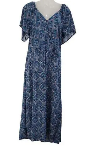 Luxology V-Neck Flutter Short Sleeve Boho Maxi Dress Pullover Blue Size XL