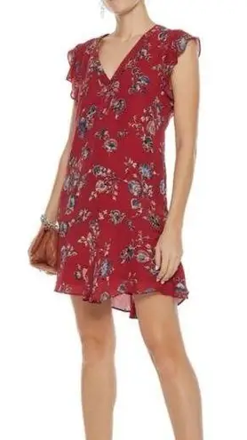 Joie  Almarie B Red Floral 100% Silk Mini Dress Medium Georgette Drop Waist