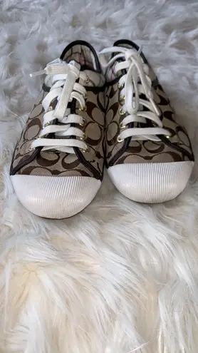 Coach Poppy Zorra Khaki Brown Signature Multicolor Tattersall Sneakers Size 8.5