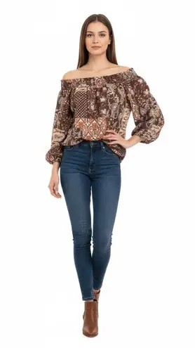 Sugar Tarte Blouse Women Brown Multi Patchwork Paisley Vintage Boho Size S