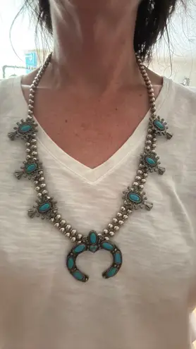Vintage Southwestern/Navajo Style Silver & Turquoise Squash Blossom Necklace