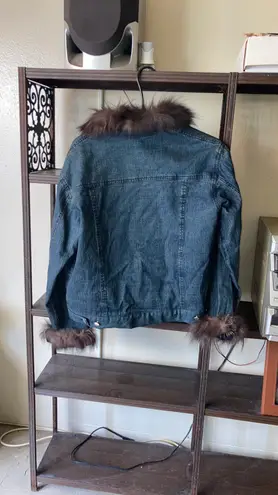 Overland Fox Fur Trim Denim Jean Jacket Women Size Large Blue