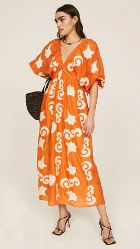 CHUFY Orange White Design Cupro Blend 3/4 Sleeves Lucia Maxi Dress Size Medium