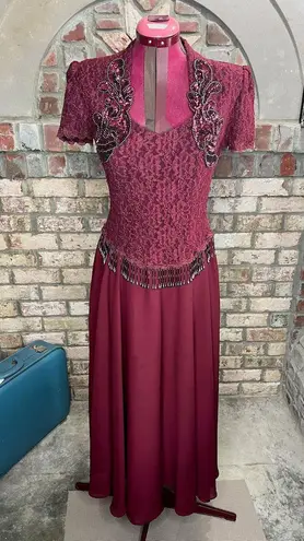 formal dress prom maroon wine red lace beaded fringe Size M