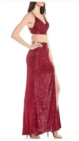 Jump Sequin-Embellished V-Neck Cropped Top & Long Skirt Two-Piece Dress