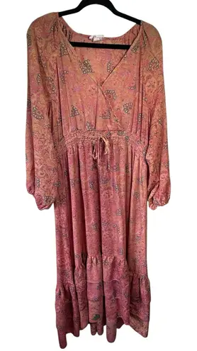 Boemo Revolve Boho Paisley Print Long Sleeve Maxi Dress Size 2X Ruffle Tiered