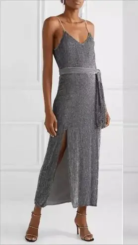 Retrofete Rebecca Grey Velvet Trimmed Sequined Chiffon Dress Silver Size XS