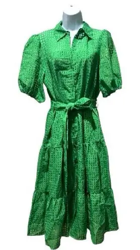 Green Eyelet Puff Sleeve Belted Midi Dress – Size M Size M