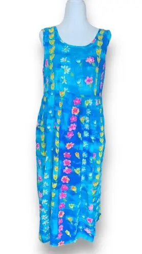 Jams World Vintage 90s Blue Floral Sleeveless Babydoll Midi Dress Small Vibrant