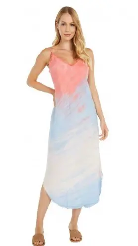 Bella Dahl Poppy Fray Cami Slip Midi Dress Small Tie Dye Pink Blue Lightweight