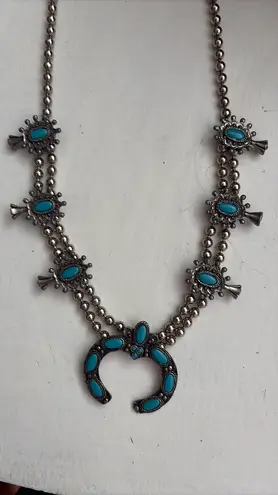 Vintage Southwestern/Navajo Style Silver & Turquoise Squash Blossom Necklace