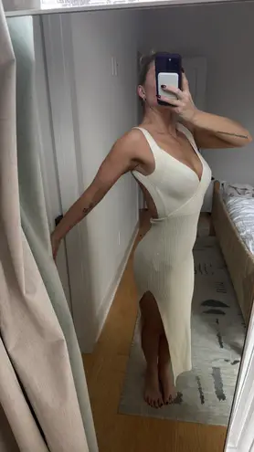 Wrap Top, Side slit, Open Back Vacation Dress! Tan