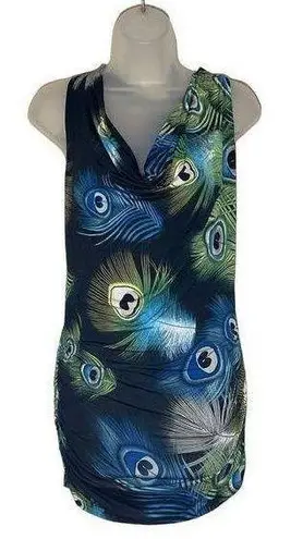 True Light Vintage 1990s Racerback Tie Tank Top Ruched Back Peacock Feathers M Size M