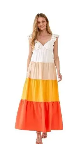 English Factory Sunset Color Block Tiered Maxi Dress Ruffle Sleeves Size M NWT