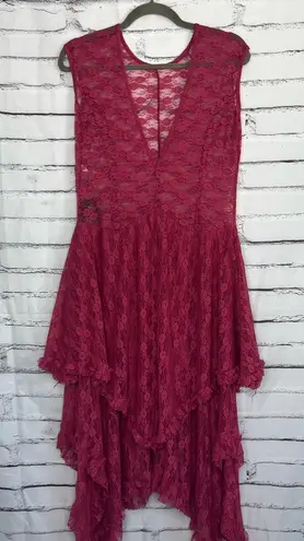 R.Vivimos Pink Lace Asymmetrical Midi Dress Women’s XL Deep V Sleeveless NWT Red