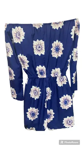 Blue Romper shorts Floral off shoulder modern woman size S