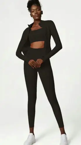 Set Tracksuit Long Jacket Cropped Bustier Bra High Waisted Leggings Workout Activewear Gym Set Slim Fit Cropped Leggings Sport Bra Black Size M