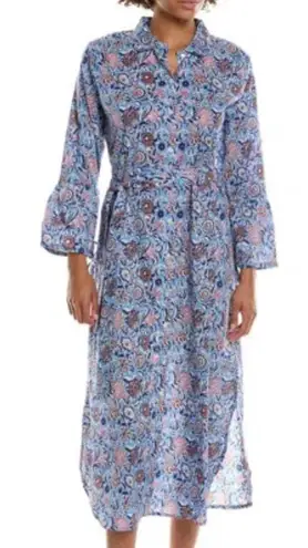 NWT Pomegranate Blue Floral Shifty Shirt Dress Cotton Maxi Belt Button Size XL