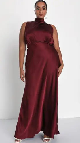 Lulus Classic Elegance Wine Satin Sleeveless Mock Neck Maxi Dress