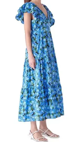 English Factory Women's Floral-Print Tiered Flutter-Sleeve Dress Blue Sz XS NWT