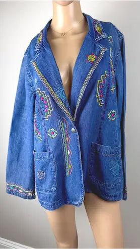 Two Twenty Sz M Embroidered Denim Jacket Western Aztec Southwestern Jean Coat Blue Size M