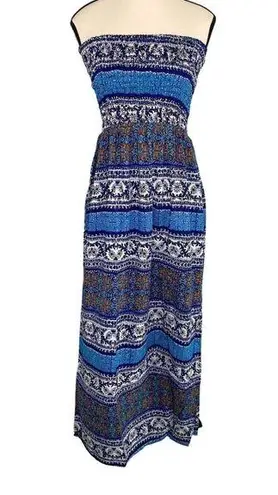 Raga  NWT blue Aztec print smocked tube top maxi dress size XS