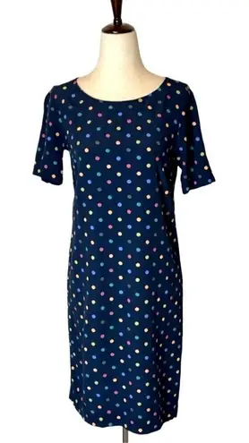 J. Jill Navy Blue Multi Color Polka Dot Rayon Short Sleeve Shift Dress Size 2