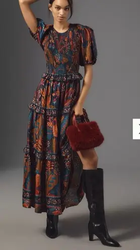 Farm Rio Short - Sleeve Floral print Crew - Neck Tiered A - Line Maxi Dress Smal