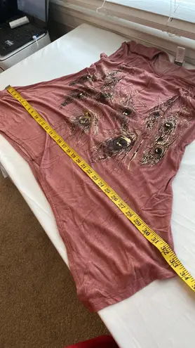 Monroe & Main blouse short sleeves peacock feathers print shark bite size large