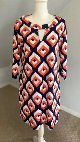 Tracy Negoshian Geometric Print Dress Keyhole Neckline 3/4 Sleeve Size L
