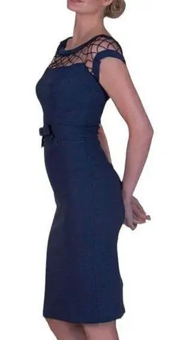 Tatyana Alina Pencil Dress in Navy Bow size Large Short Sleeve Fishnet Neckline