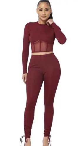 Love j  Set Leggings Top Sexy Stretch Ruched 2 Piece Matching Set Burgundy Medium