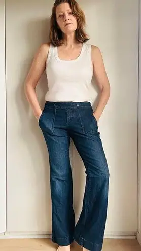 Y2K Denim Jeans Dark Wash Flared Sailor Style Pockets Size Waist 32 Low Rise Fit Blue