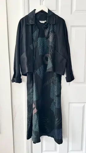 Beppa Vintage Black Linen Art To Wear Long Jumper Overall Dress Jacket Set Small
