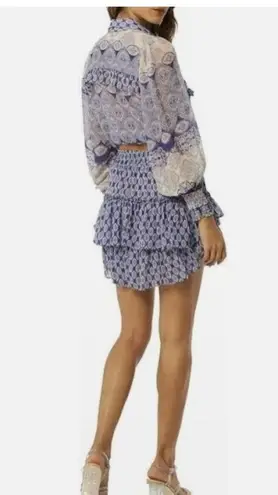 MISA Los Angeles Nahla Blue White Ruffled Mini Skirt Tiered Smocked Waist M
