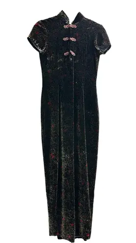 Vintage Velvet Chinese Cheongsam Dress Short Sleeve Gothic WhimsiGoth Y2K Small Brown