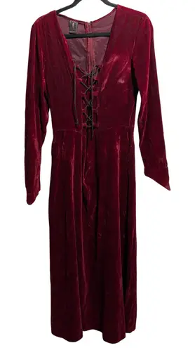 VTG Morbid Threads Velvet Maxi Dress Lace Up V Neck Long Sleeve Burgundy Goth M Red Size M
