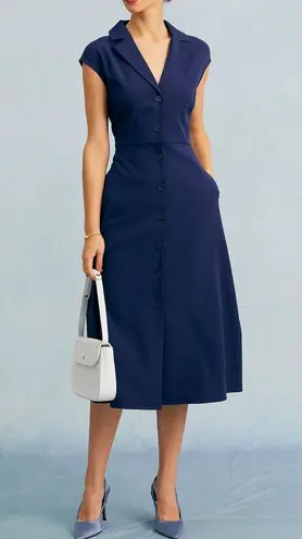 Rihoas Navy V Neck Button Cap Sleeve Midi Dress Blue Size XL