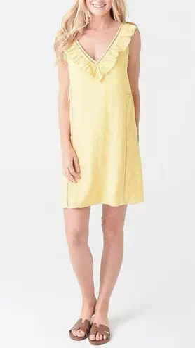 FAHERTY Ellis Yellow Organic Linen Eyelet Ruffle Summer Shift Dress Size Small