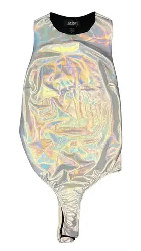 Just Polly Women's Small Silver Holographic High Neck Sleeveless Bodysuit