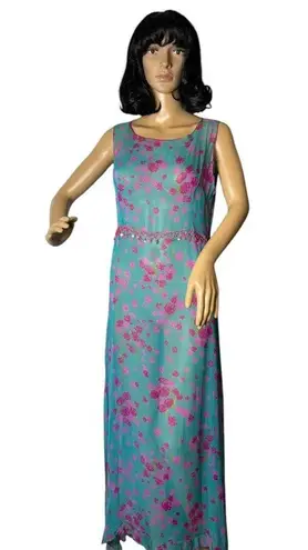Johnny Was Boho Chic Sheer Blue pink floral Floral embroidery sequin maxi dress