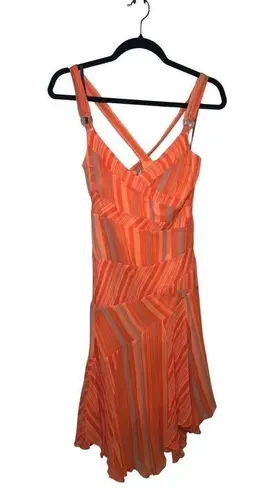 Bebe  100% Silk Orange Retro Print Asymmetrical Hem Dress