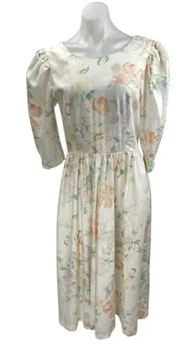 Vintage Lanz Womens White Floral Short Puff Sleeve Midi A